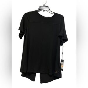 DONNA KARAN ACTIVE BLACK SHIRT WOMEN FLUTTER SLEEVES ROUND NECK OPEN BACK SIZE S